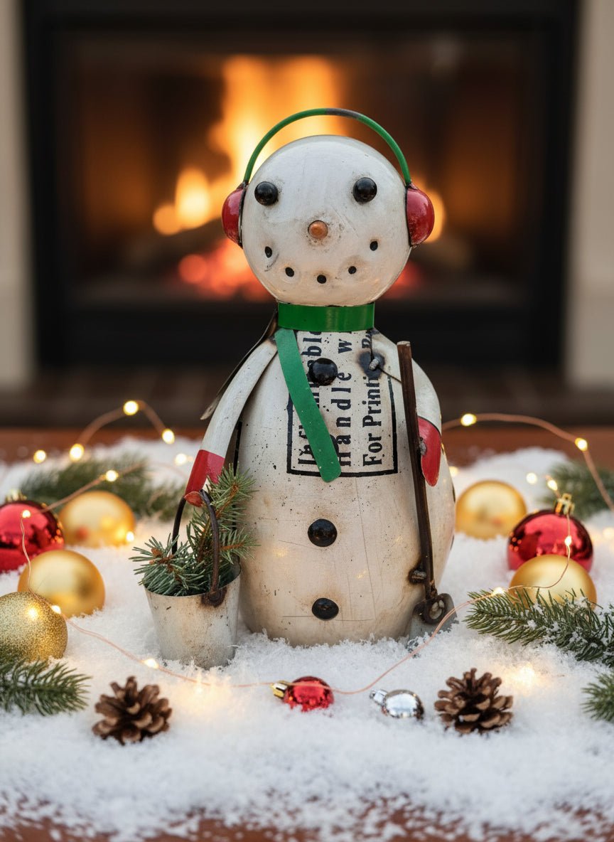 Primitive Christmas 11.75&quot; Recycled Metal Buddy Snowman w/Earmuffs Figurine - The Primitive Pineapple Collection