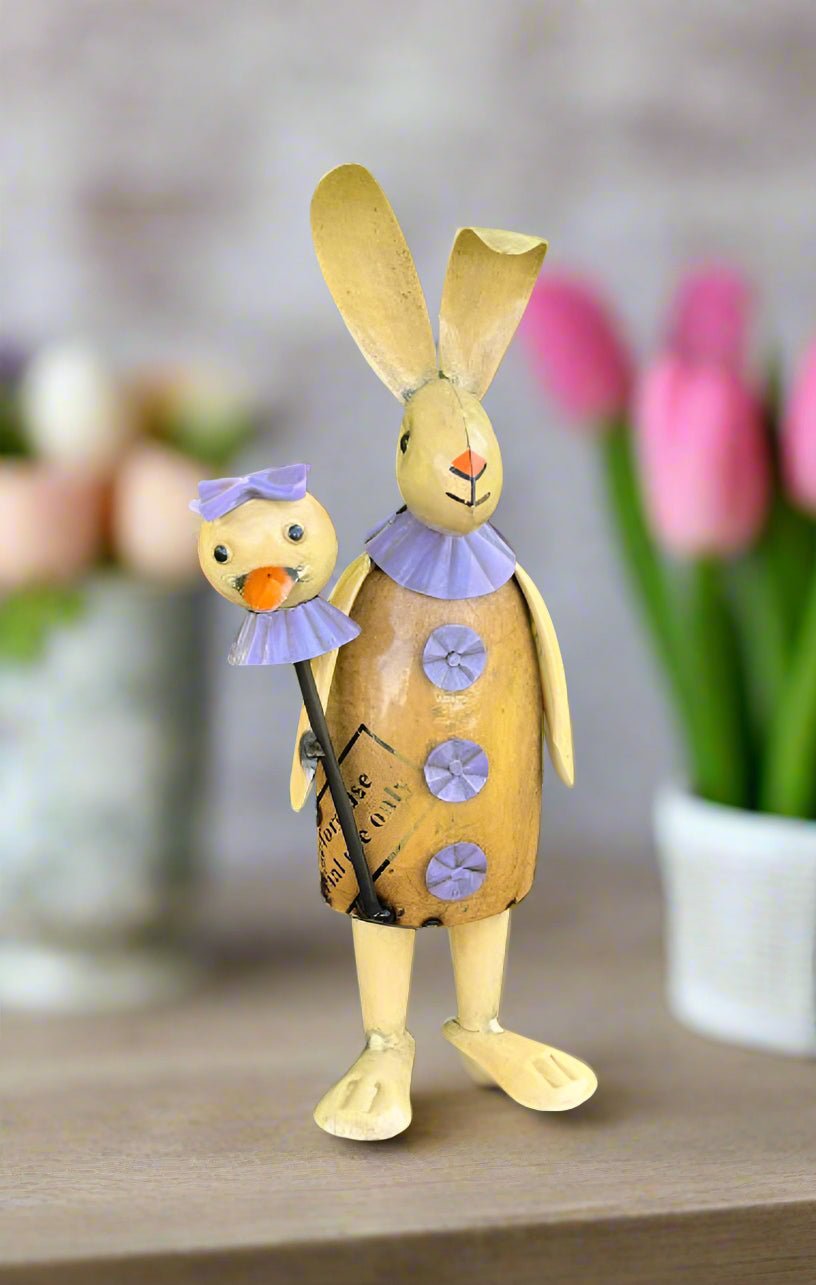 Primitive Spring Easter Recycled Metal Clover Bunny with Baby Chick Figurine 14" - The Primitive Pineapple Collection