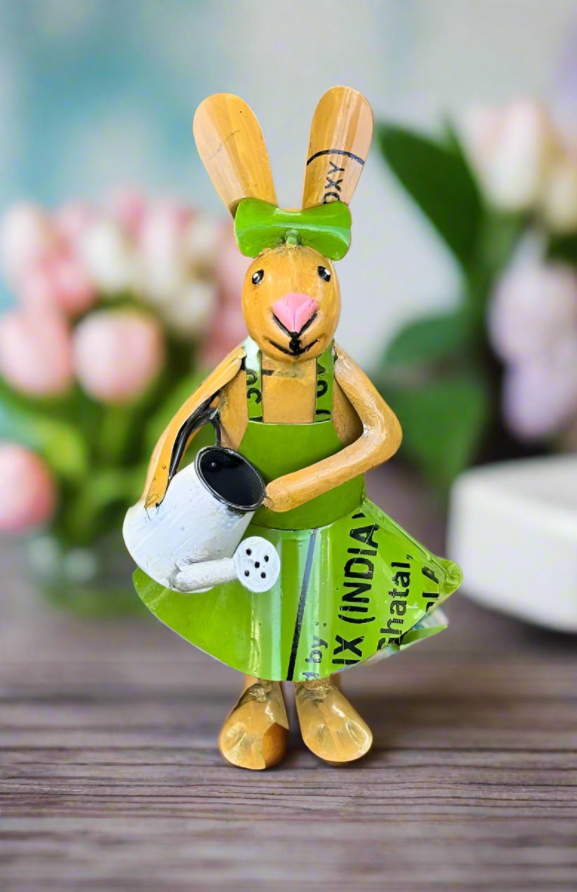 Primitive Spring Easter Recycled Metal Pearl Bunny with Watering Can Figurine 11.5" - The Primitive Pineapple Collection