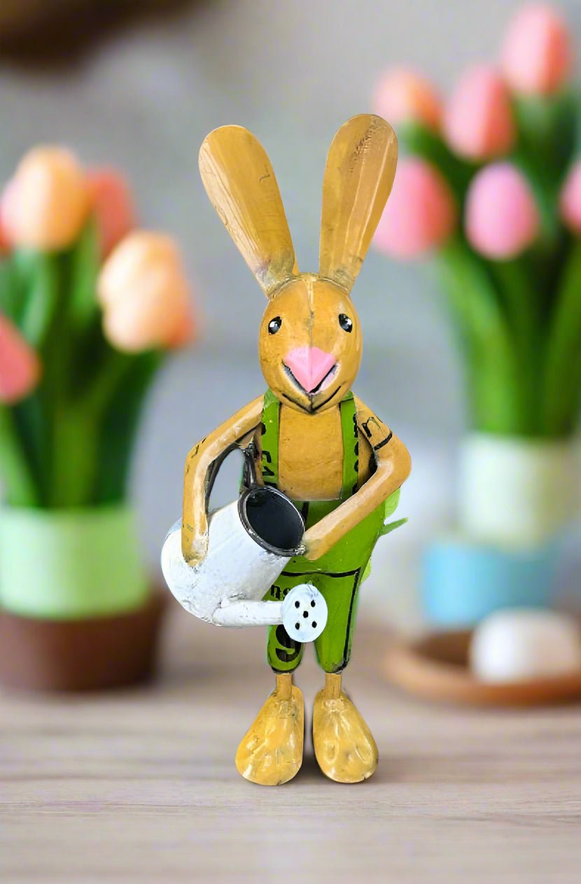 Primitive Spring Easter Recycled Metal Pepper Bunny with Watering Can Figurine 12" - The Primitive Pineapple Collection