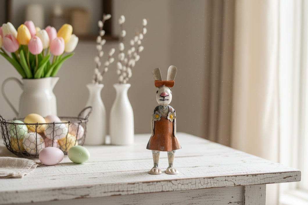 Primitive Spring Easter Recycled Metal Peaches Baby Bunny Figurine 8" - The Primitive Pineapple Collection