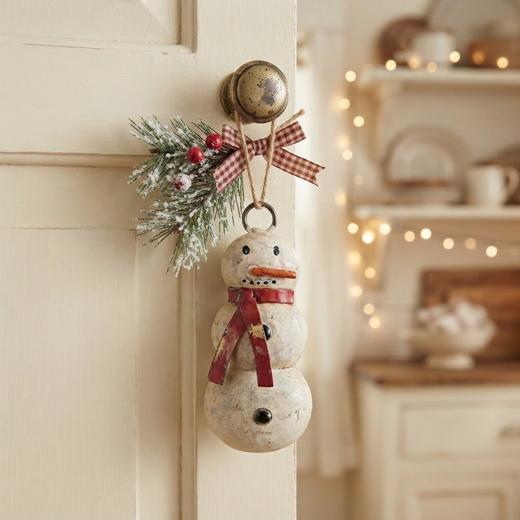Primitive Christmas Recycled Metal Snowman Ornament with Scarf - The Primitive Pineapple Collection