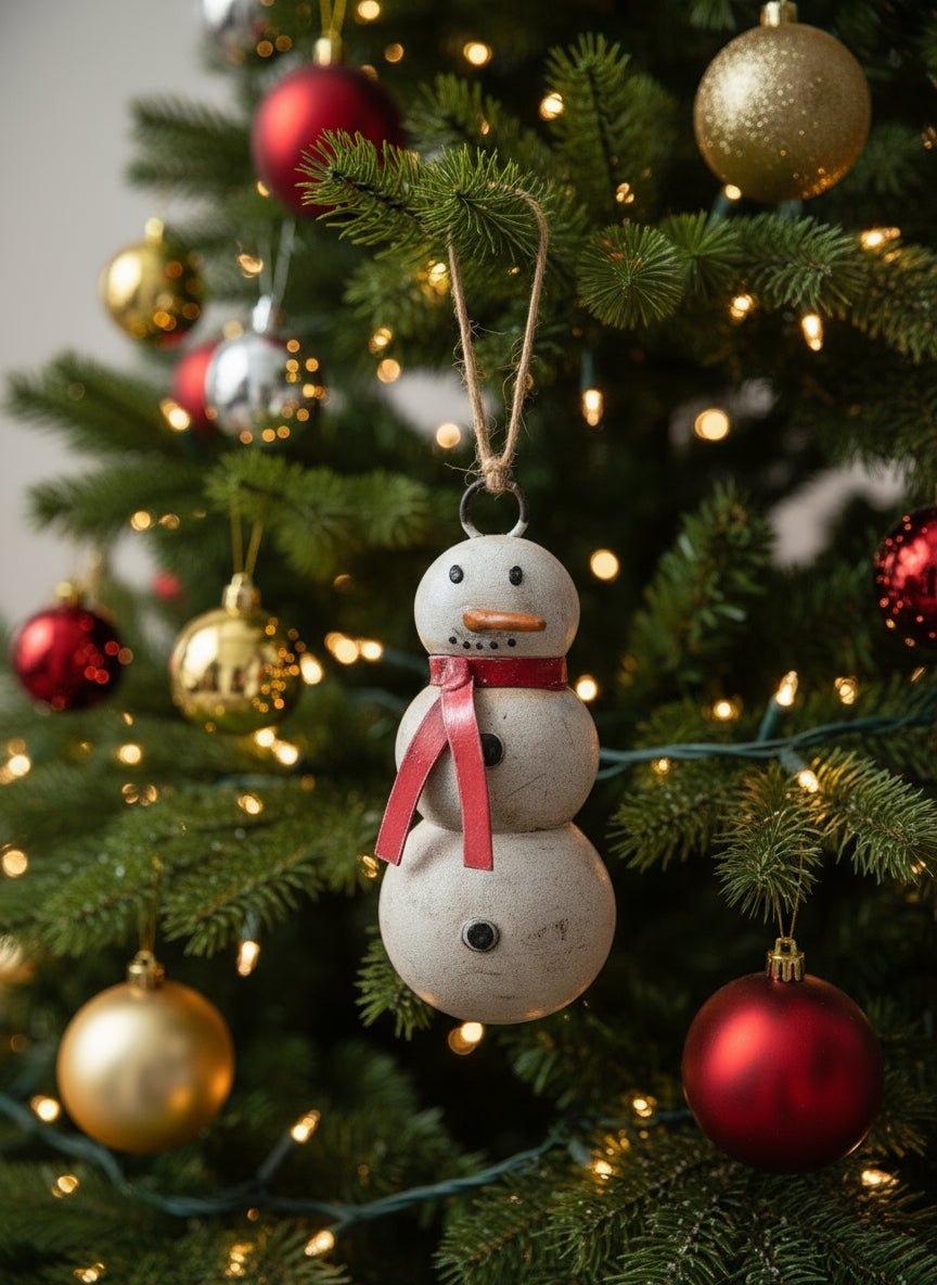 Primitive Christmas 4.75&quot; Recycled Metal Snowman w/ Scarf Ornament - The Primitive Pineapple Collection