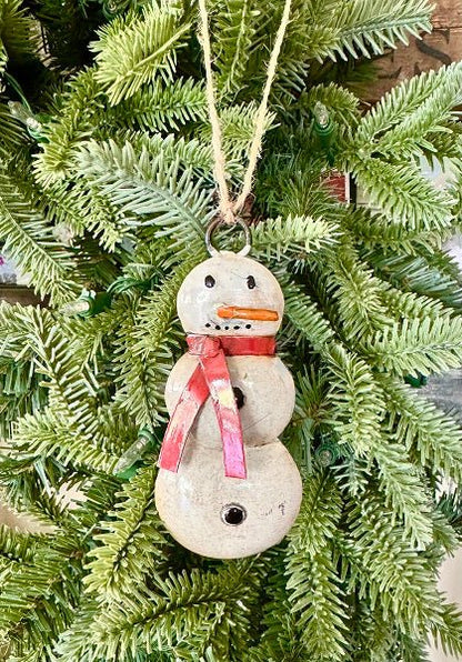 Primitive Christmas Recycled Metal Snowman Ornament with Scarf - The Primitive Pineapple Collection