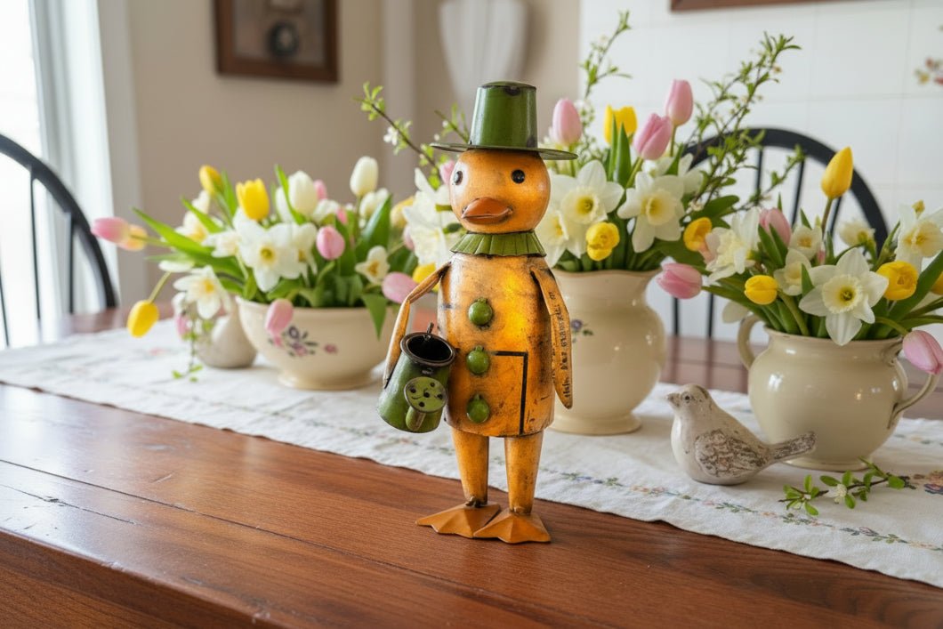 Primitive Spring Easter Recycled Metal Waddles Duck w/ Watering Can 11.5" - The Primitive Pineapple Collection