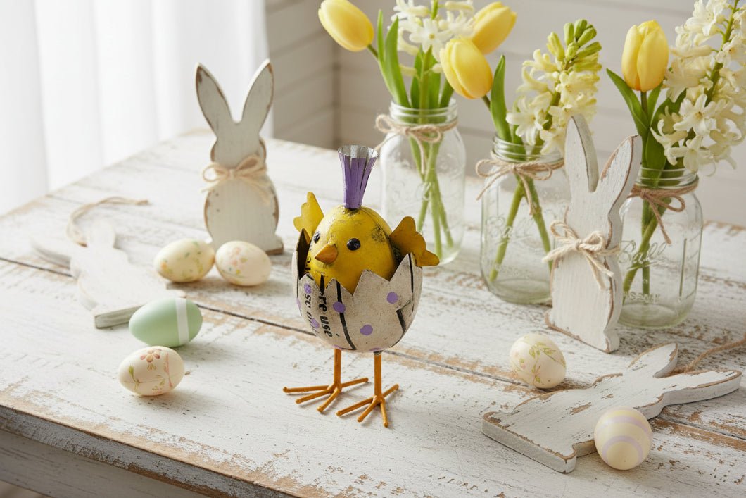 Primitive Spring Easter Recycled Metal 6.75" Chirp the Baby Chick in Egg Figurine - The Primitive Pineapple Collection