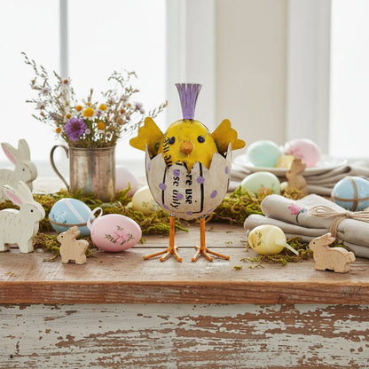Primitive Spring Easter Recycled Metal 6.75" Chirp the Baby Chick in Egg Figurine - The Primitive Pineapple Collection