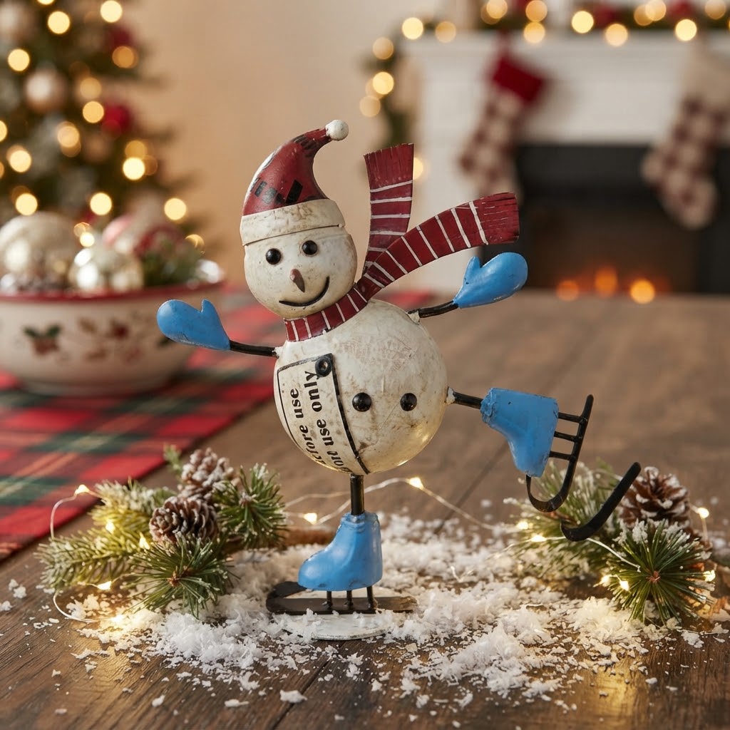 Primitive Christmas 11.5" Recycled Metal Snowbell Skating Snow Woman Figurine