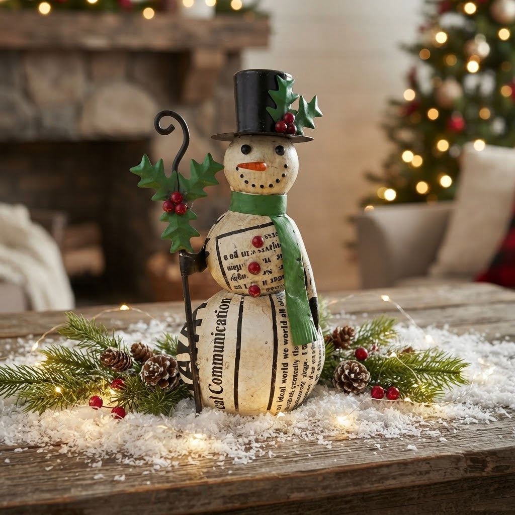 Primitive Christmas 11.5" Recycled Metal Alpine Snowman with Walking Stick