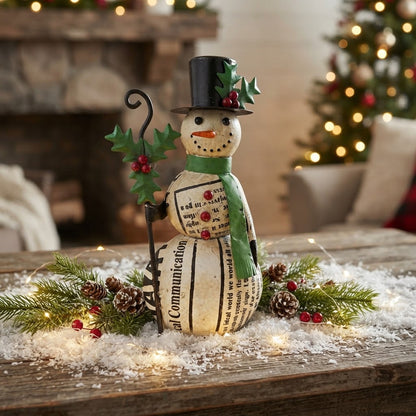 Primitive Christmas 11.5" Recycled Metal Alpine Snowman with Walking Stick