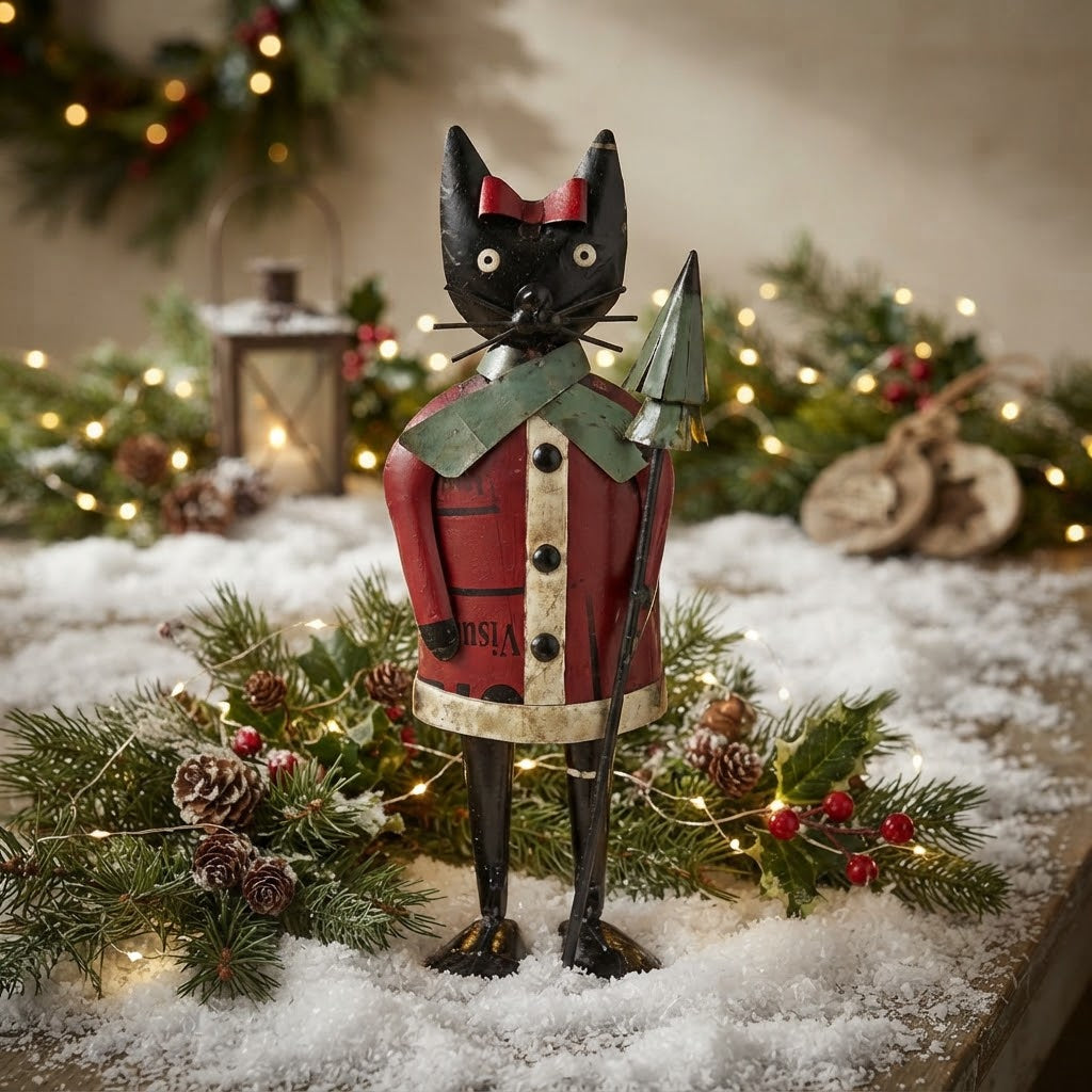 Primitive 11.5" Recycled Metal Santa Baby Christmas Kitty Figurine