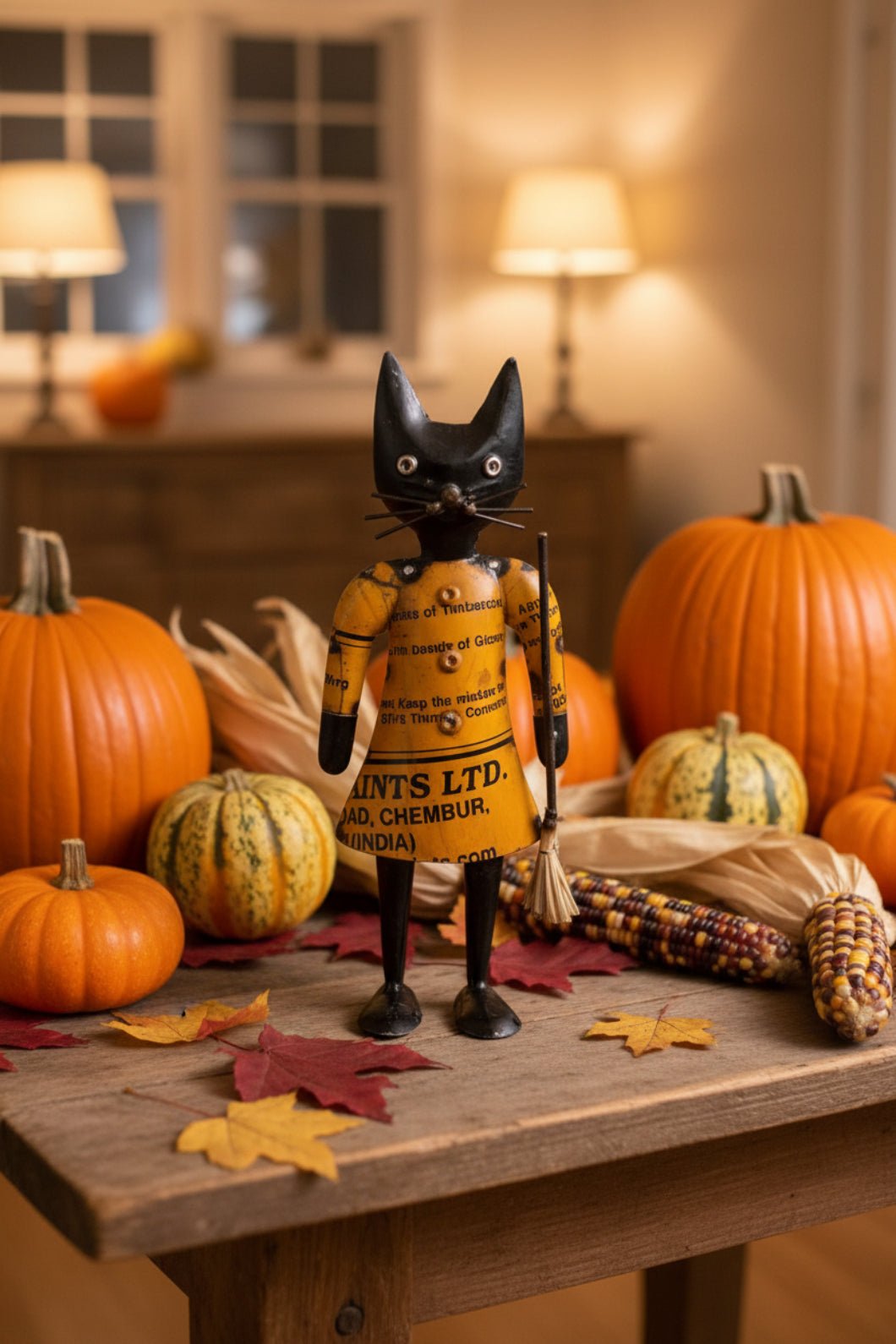 Primitive Halloween Recycled Metal Luna Black Cat w/ Broom 11.5" - The Primitive Pineapple Collection