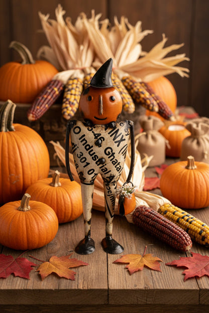Primitive Halloween Recycled Metal Pauly Pumpkin Man Figurine 10.5" - The Primitive Pineapple Collection