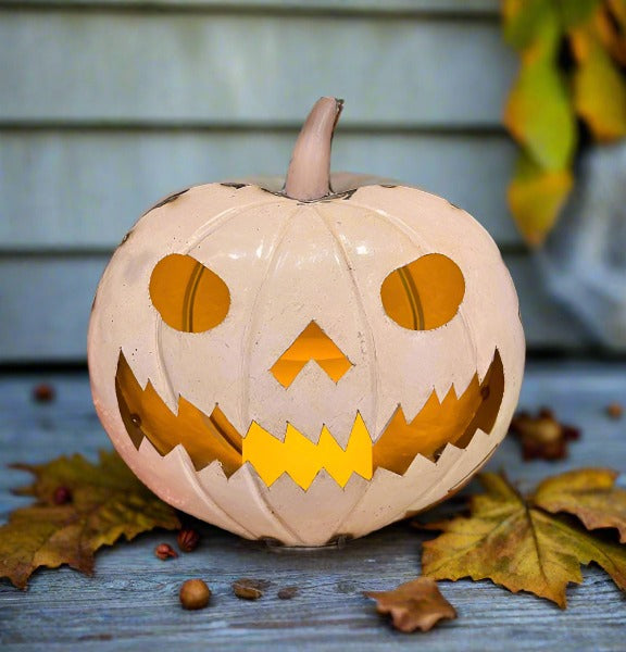 Primitive Halloween Recycled Metal 10&quot; Spooky Grin Jack O Lantern