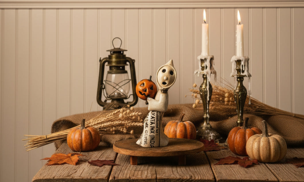 Primitive Halloween Recycled Metal Retro Ghost with Jack O Lantern 11"