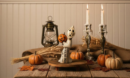 Primitive Halloween Recycled Metal Retro Ghost with Jack O Lantern 11" - The Primitive Pineapple Collection