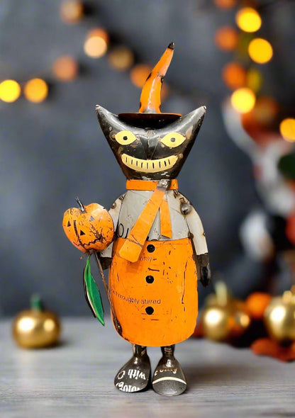 Primitive Halloween Recycled Metal Chesire Cat w/ Pumpkin 14&quot; - The Primitive Pineapple Collection