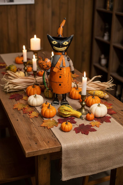 Primitive Halloween Recycled Metal Chesire Cat w/ Pumpkin 14" - The Primitive Pineapple Collection