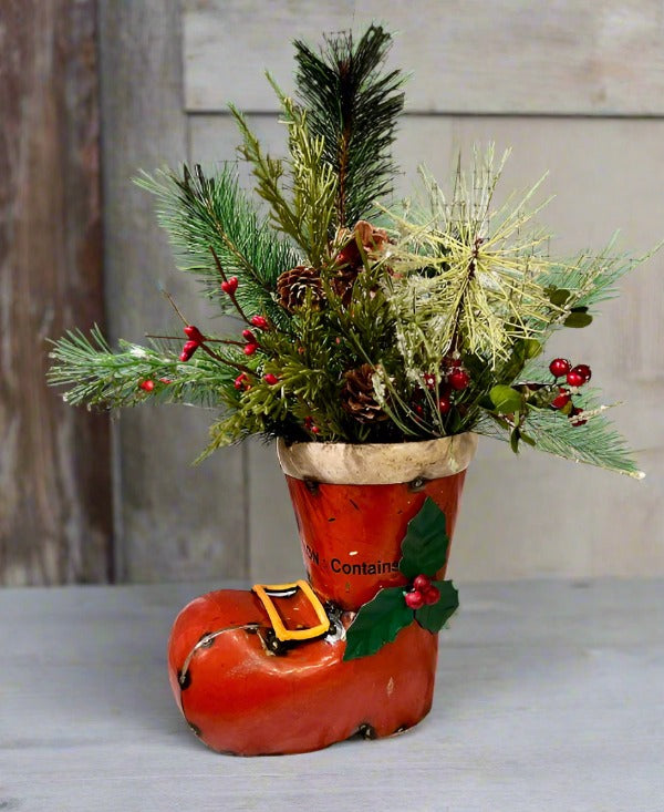 Primitive Christmas 8&quot; Vintage Look Recycled Metal Santa Boot w/ Holly Buckle