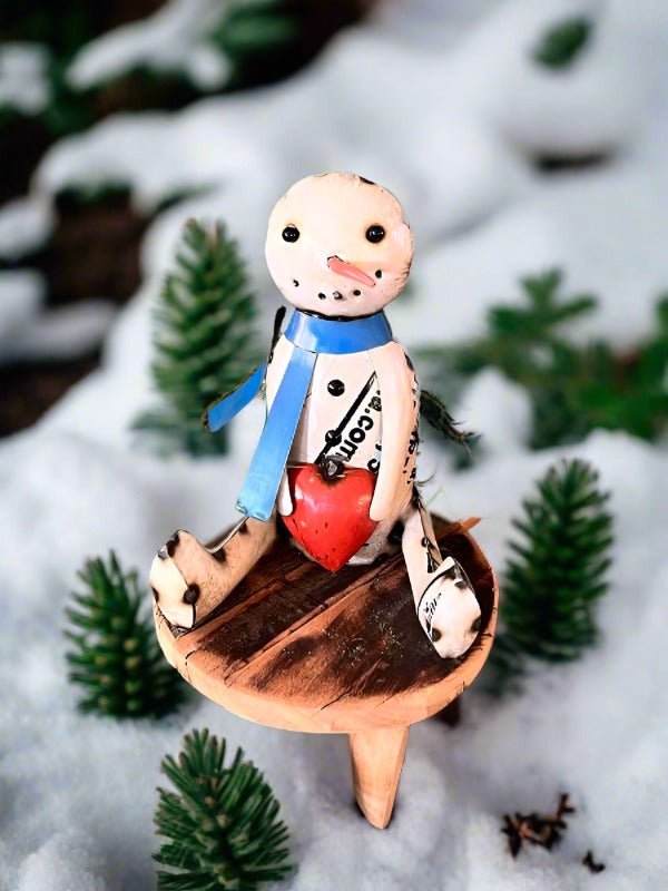 Primitive Christmas 8.75" Recycled Metal Sitting Snowman w/ Heart and Scarf - The Primitive Pineapple Collection