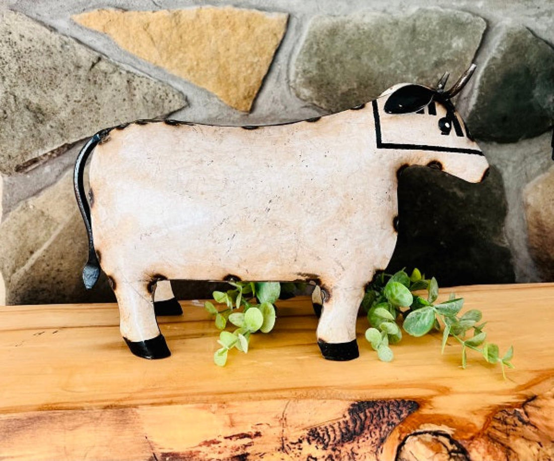 Primitive Farmhouse Recycled Metal 10.75&quot; Cow Figurine