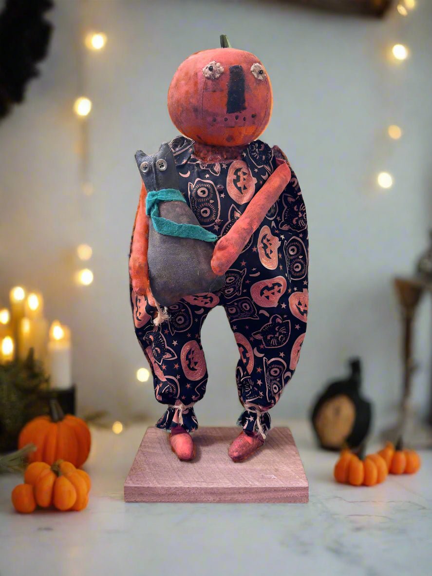Handcrafted by Michelle Halloween Mr Pumpkin Man Doll w/ Cat - The Primitive Pineapple Collection