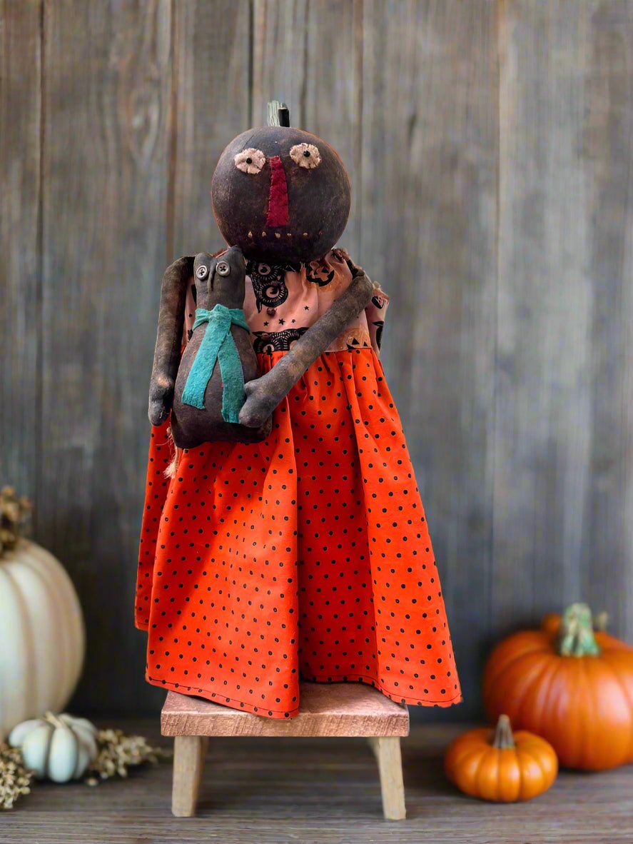 Handcrafted by Michelle Halloween Mrs Pumpkin Woman Doll w/ Cat - The Primitive Pineapple Collection