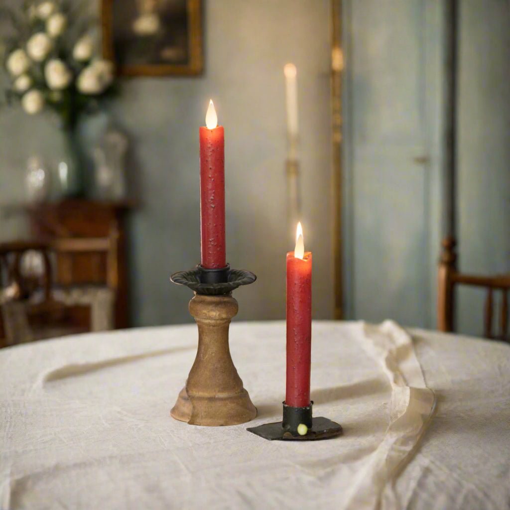 Primitive Country 6.75" Moving Flame 2 pc Red Flicker Taper Candle 6hr timer - The Primitive Pineapple Collection