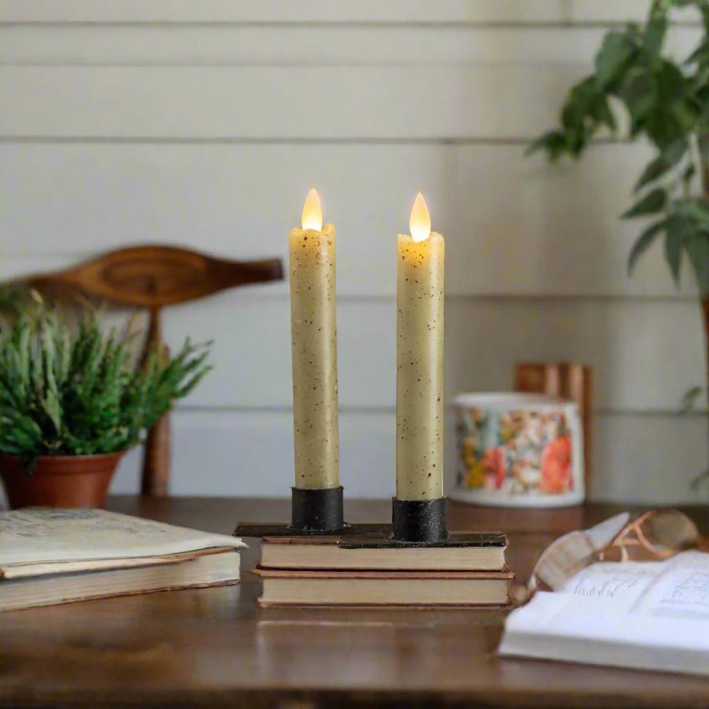 Primitive Country 6.75&quot; Moving Flame 2 pc Green Flicker Taper Candle 6hr timer - The Primitive Pineapple Collection