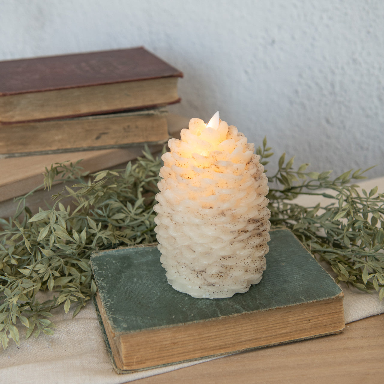 Primitive Farmhouse Flameless Moving Wick White 6&quot; Pinecone Candle