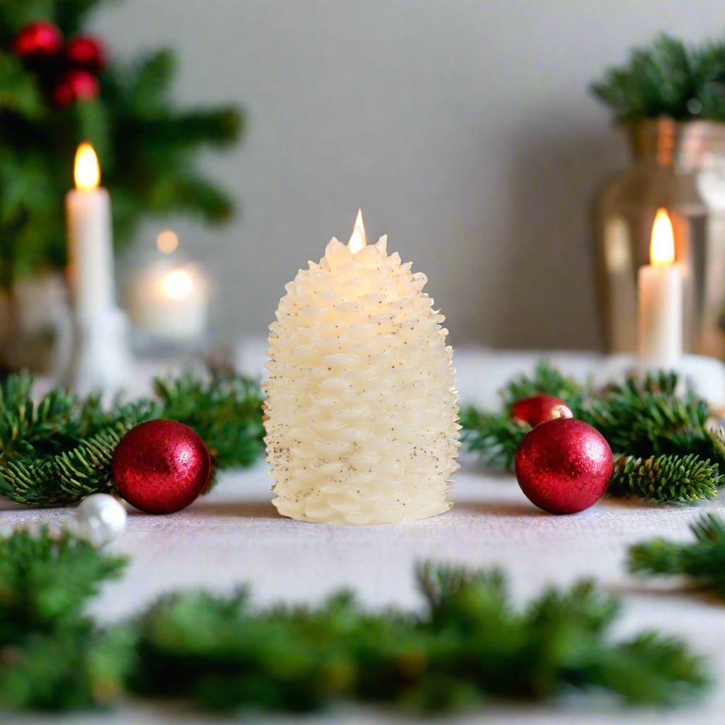 Primitive Farmhouse Flameless Moving Wick White 6&quot; Pinecone Candle