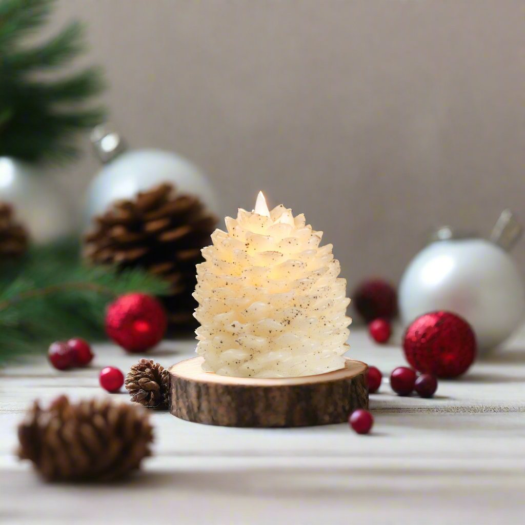 Primitive Farmhouse Flameless White Moving Wick 4.25&quot; Pinecone Candle