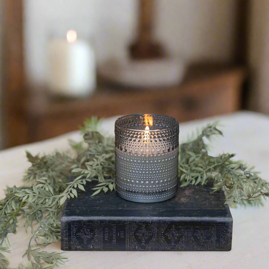 Primitive Ragon House 4"Gray Dotted Glass Jar 3D Flame Battery Candle 6hr Timer - The Primitive Pineapple Collection