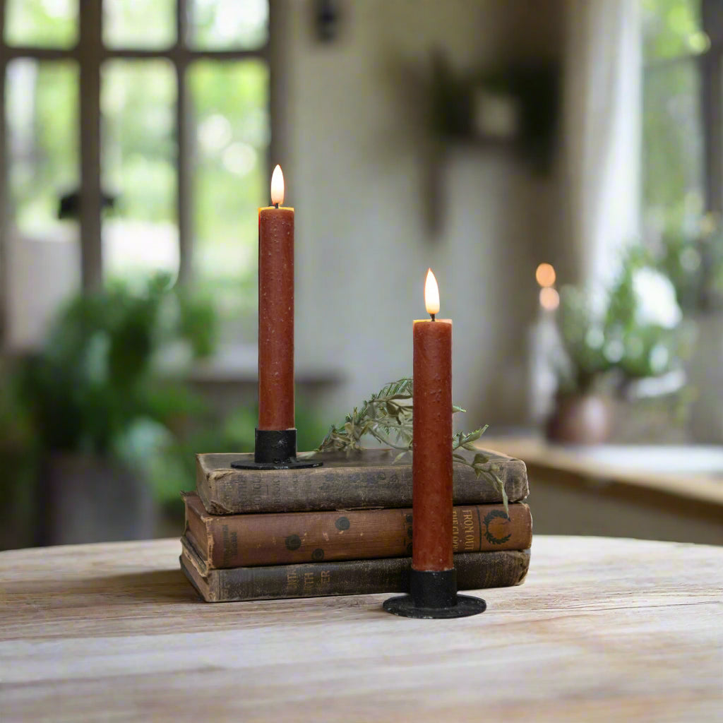 Primitive Country 7&quot; 3D Flame 2 pc Bronze Flicker Taper Candle 6hr timer