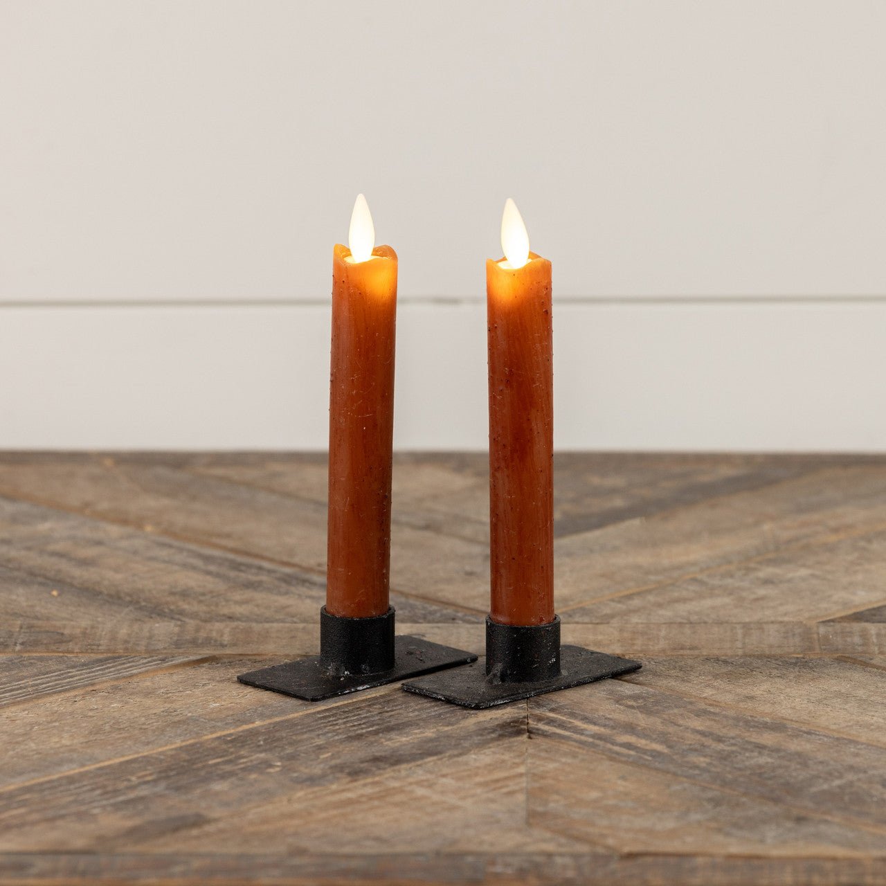 Primitive Country 6.75&quot; Moving Flame 2 pc Bronze Flicker Taper Candle 6hr timer - The Primitive Pineapple Collection