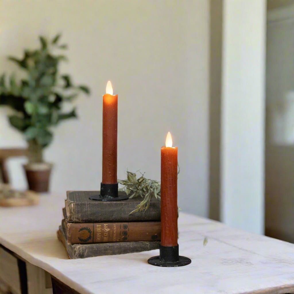 Primitive Country 6.75&quot; Moving Flame 2 pc Bronze Flicker Taper Candle 6hr timer - The Primitive Pineapple Collection