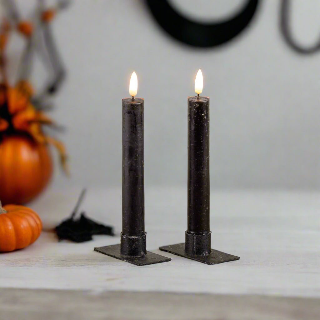 Primitive Country 7.25&quot; 3D Flame 2 pc Black Flicker Taper Candle 6hr timer - The Primitive Pineapple Collection