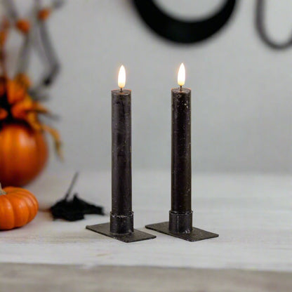 Primitive Country 7.25&quot; 3D Flame 2 pc Black Flicker Taper Candle 6hr timer - The Primitive Pineapple Collection
