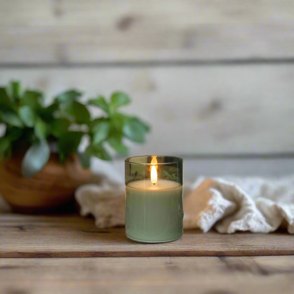 Primitive Ragon House 4" Green Glass Jar 3D Flame Battery Candle 6hr Timer - The Primitive Pineapple Collection