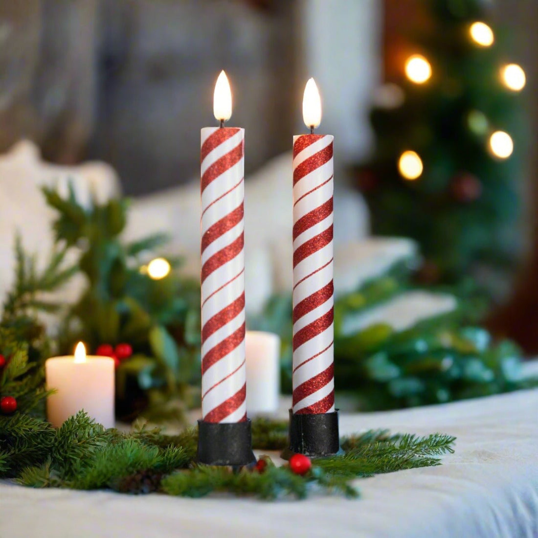 Ragon House Christmas 6.75" 3D Flame 2 pc Candy Cane Flicker Taper Candle 6hr timer - The Primitive Pineapple Collection