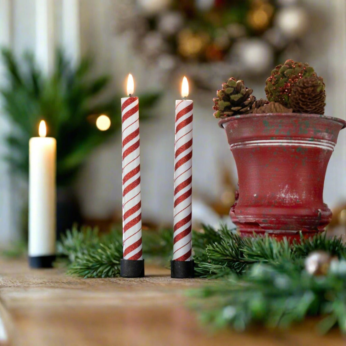 Ragon House Christmas 8.5" 3D Flame 2 pc Candy Cane Flicker Taper Candle 6hr timer - The Primitive Pineapple Collection