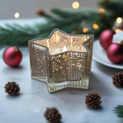 Christmas Ragon House 4.5&quot; Silver Mercury Glass Star 3D Flame Battery Candle 6hr Timer - The Primitive Pineapple Collection