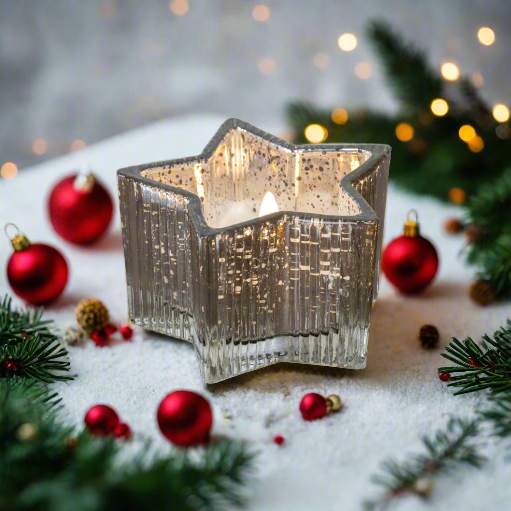 Christmas Ragon House 4.5&quot; Silver Mercury Glass Star 3D Flame Battery Candle 6hr Timer - The Primitive Pineapple Collection