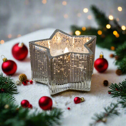 Christmas Ragon House 4.5&quot; Silver Mercury Glass Star 3D Flame Battery Candle 6hr Timer - The Primitive Pineapple Collection