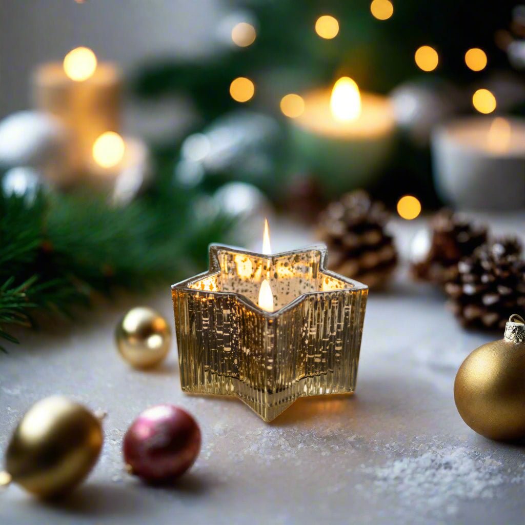 Christmas Ragon House 4.5&quot; Gold Mercury Glass Star 3D Flame Battery Candle 6hr Timer - The Primitive Pineapple Collection