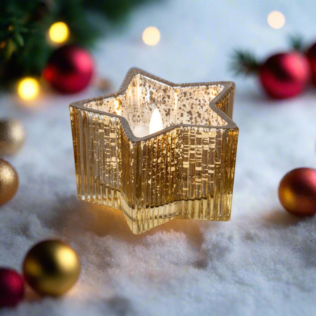 Christmas Ragon House 4.5&quot; Gold Mercury Glass Star 3D Flame Battery Candle 6hr Timer - The Primitive Pineapple Collection