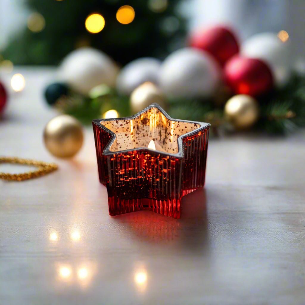 Christmas Ragon House 4.5&quot; Red Mercury Glass Star 3D Flame Battery Candle 6hr Timer - The Primitive Pineapple Collection
