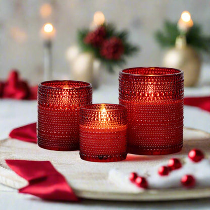 Primitive Ragon House 3.25&quot; Red Dotted Glass Jar 3D Flame Battery Candle 6hr Timer - The Primitive Pineapple Collection