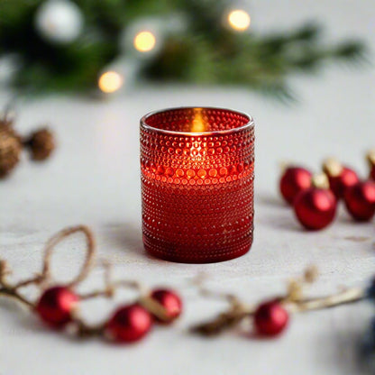 Primitive Ragon House 4&quot; Red Dotted Glass Jar 3D Flame Battery Candle 6hr Timer - The Primitive Pineapple Collection