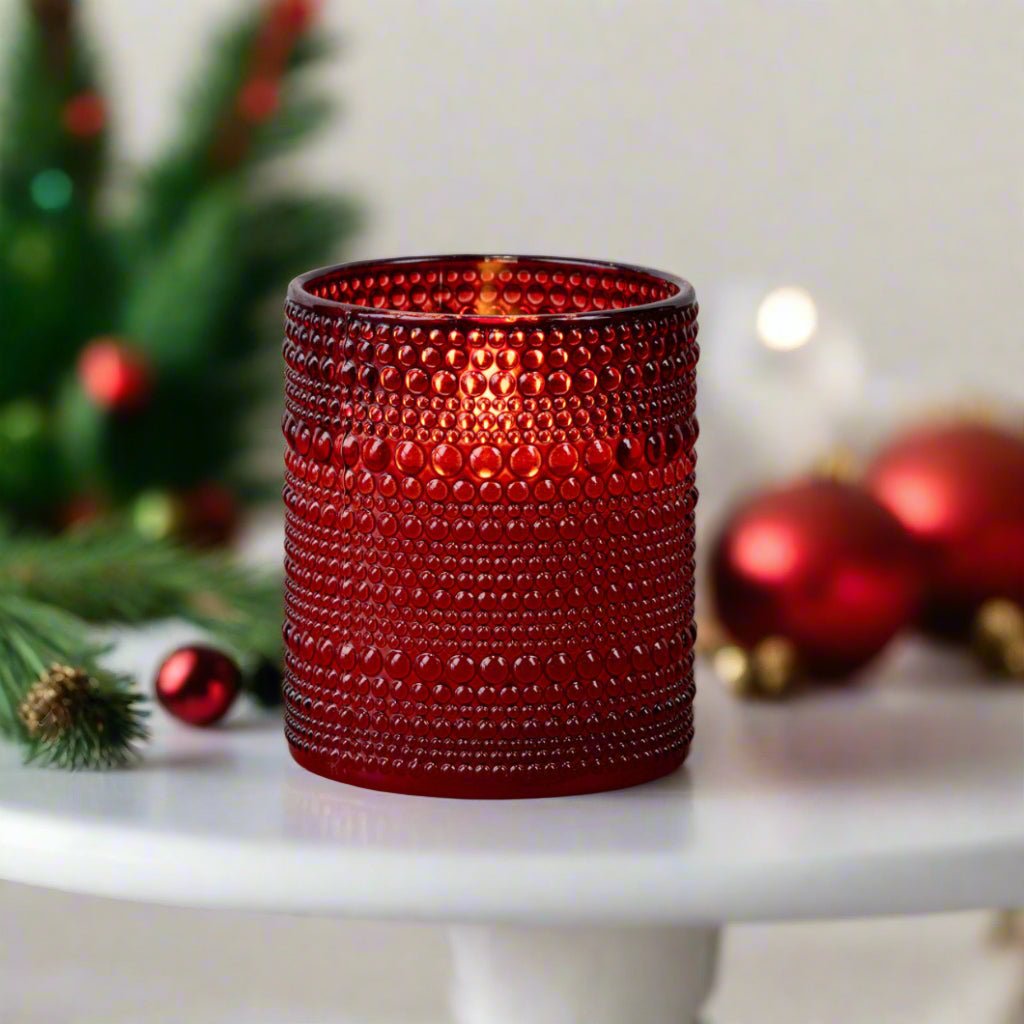 Primitive Ragon House 4&quot; Red Dotted Glass Jar 3D Flame Battery Candle 6hr Timer - The Primitive Pineapple Collection